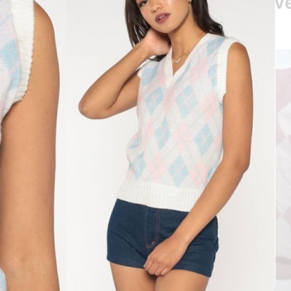 Vintage Devon Argyle Printed Knit Vest T-shirts Print Top Preppy School Outfit - Picture 2 of 9